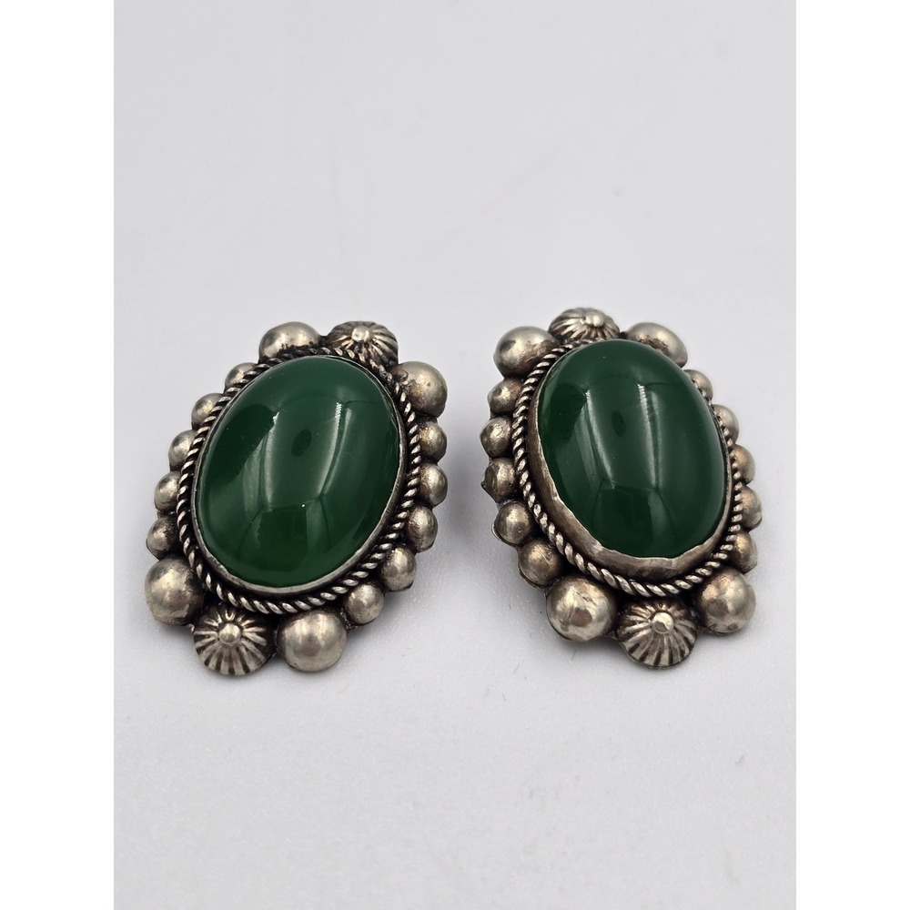 Vintage Style Green Cabochon Clip-On Earrings Ornate Silver Tone Untested